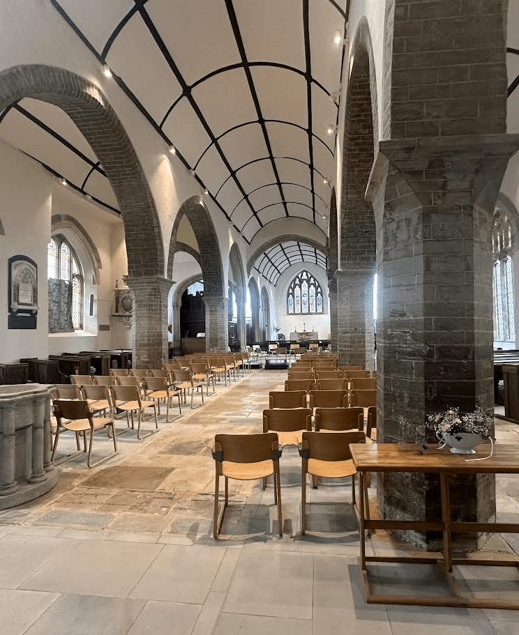 Reordered church interior with new stone floor